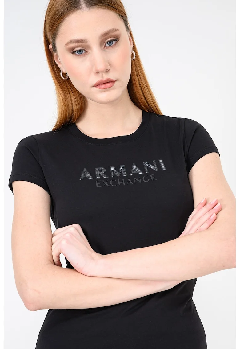 Tricou slim fit de bumbac cu imprimeu logo, Negru