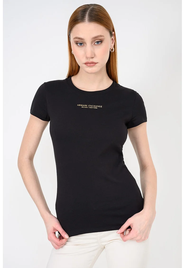 Tricou slim fit cu decolteu la baza gatului, Auriu/Negru