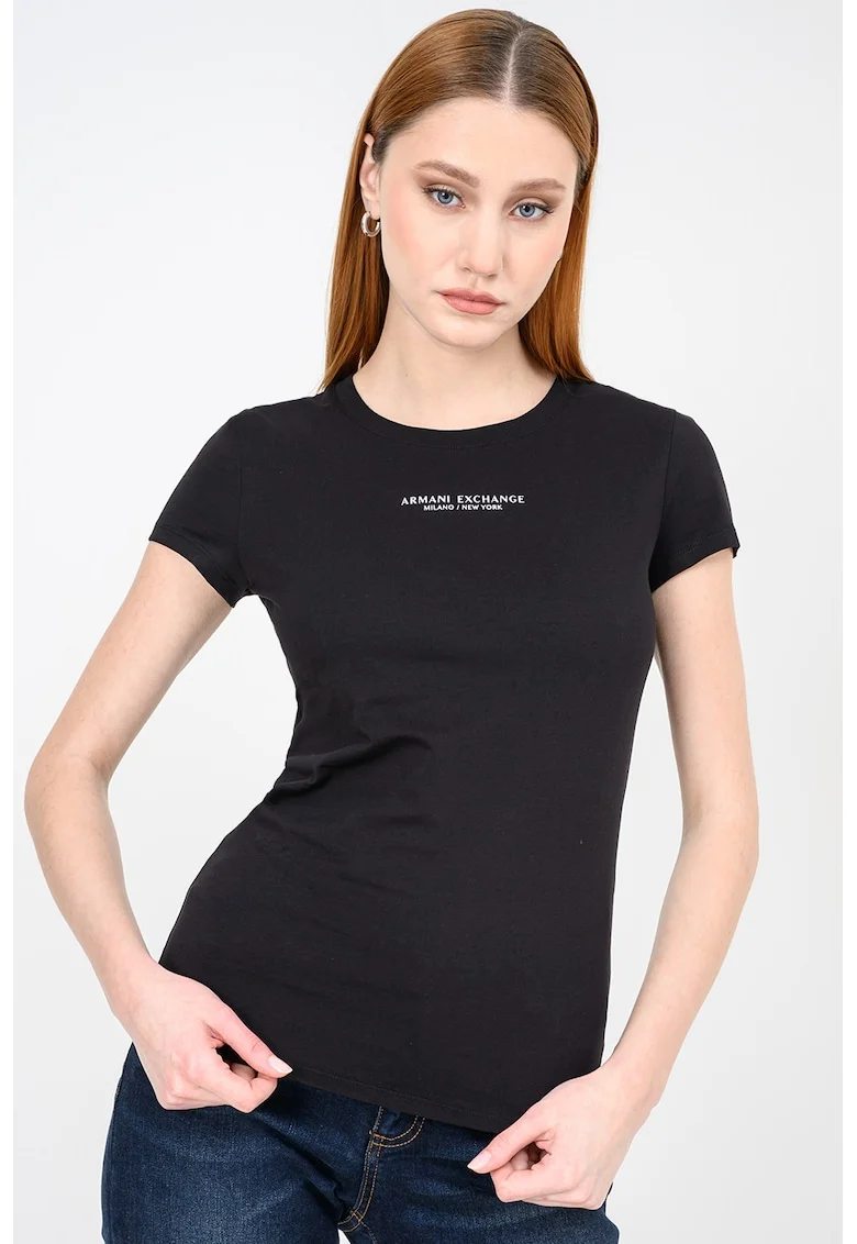 Tricou slim fit cu decolteu la baza gatului, Alb/Negru