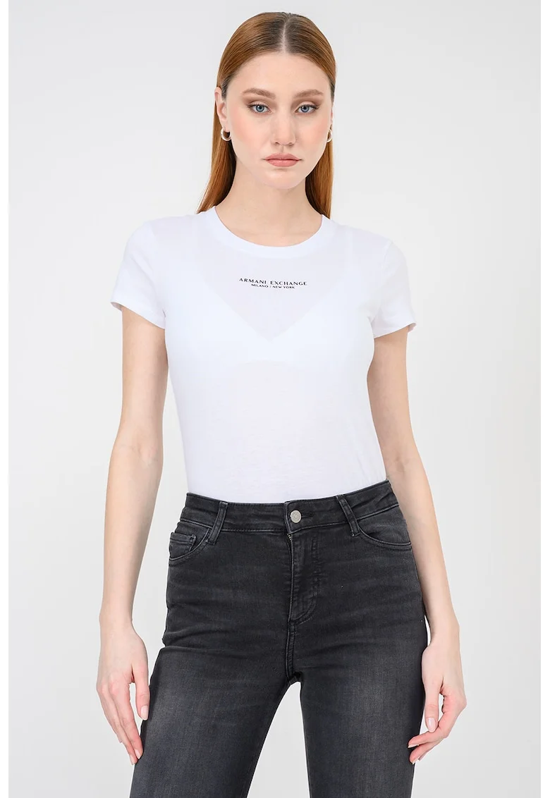 Tricou slim fit cu decolteu la baza gatului, Negru/Alb optic