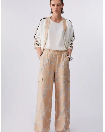 Pantaloni relaxed fit cu talie medie si elastica, Bej
