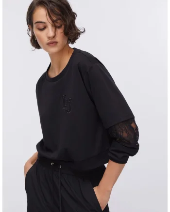 Bluza crop de trening cu insertii de dantela, Negru