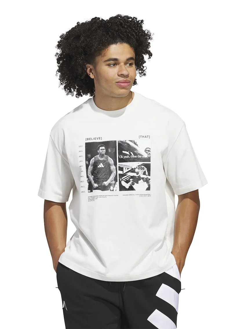 Tricou cu decolteu la baza gatului si imprimeu grafic, Negru stins/Alb murdar