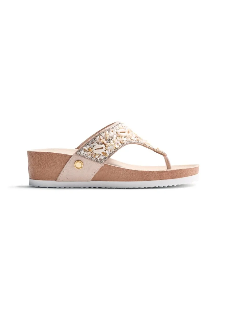 Papuci flip-flop cu talpa wedge si margele Laurium, Alb murdar
