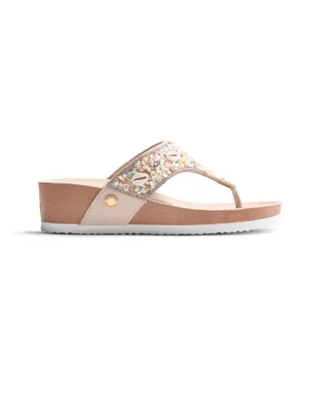 Papuci flip-flop cu talpa wedge si margele Laurium, Alb murdar
