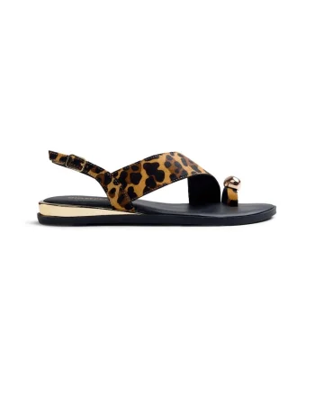 Sandale de piele cu talpa joasa si animal print Mairo, Negru/Maro