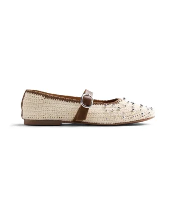 Balerini Mary-Jane cu aspect tricotat si decorati cu margele Manyoni, Maro/Crem