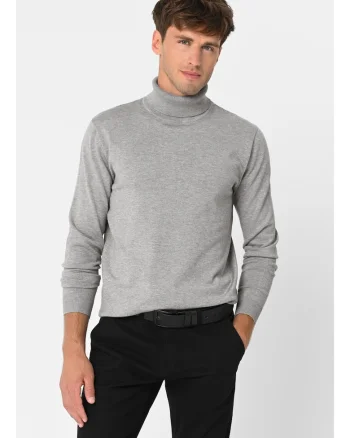 Pulover tricotat fin cu guler inalt,  S-Max, Bej melange, Gri melange