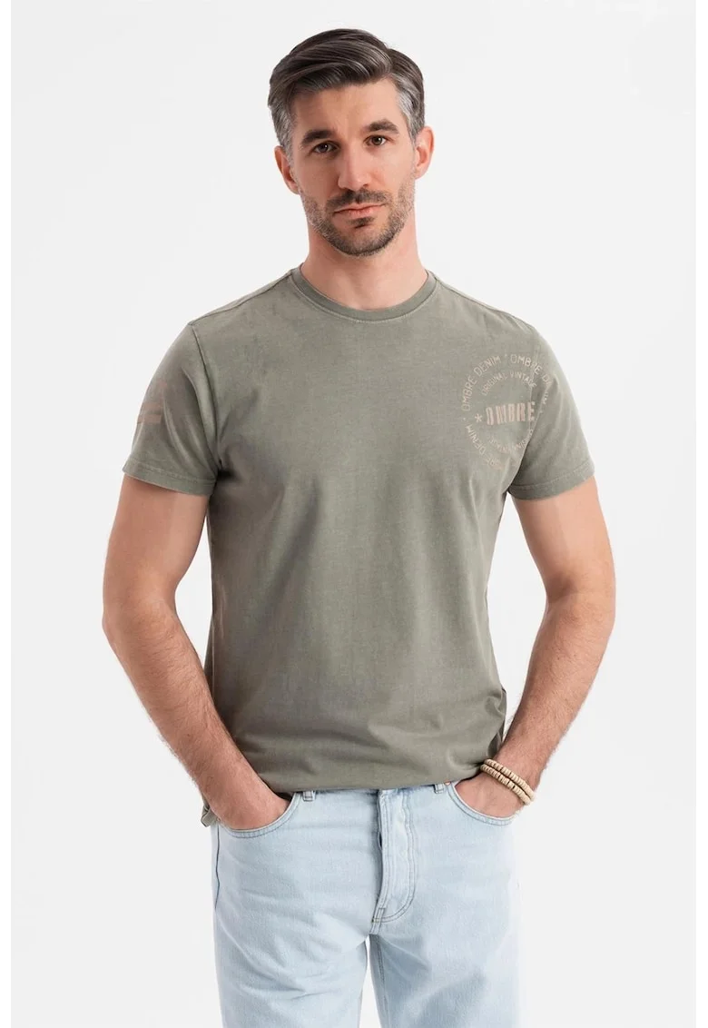 Tricou de bumbac cu decolteu la baza gatului, Kaki prafuit