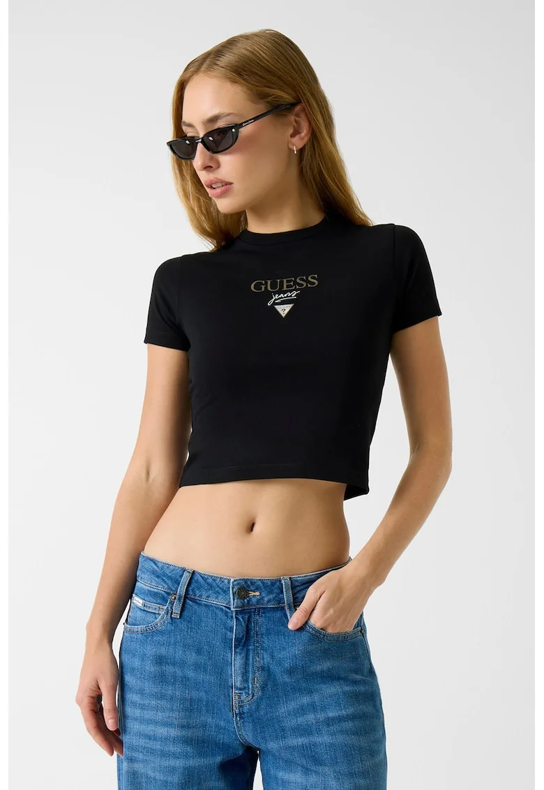 Tricou crop cambrat cu logo, Negru