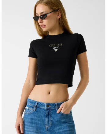 Tricou crop cambrat cu logo, Negru