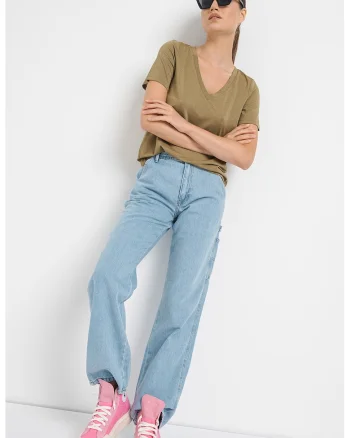 Tricou uni cu decolteu in V, Verde masliniu