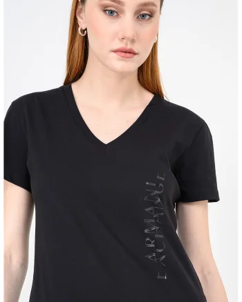 Tricou de bumbac cu decolteu in V si logo discret, Negru