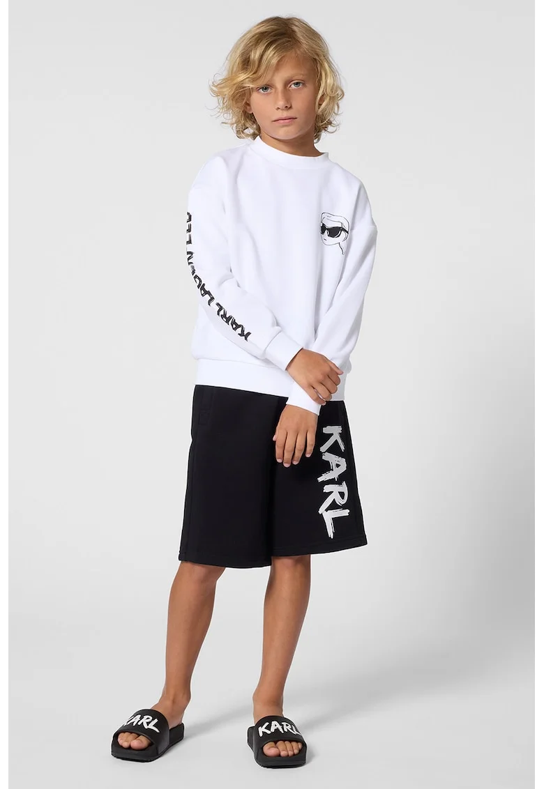 Bluza de trening cu decolteu rotund si logo, Negru stins/Alb optic