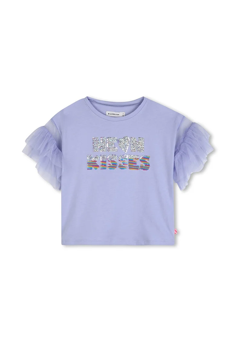 Tricou cu particule stralucitoare si maneci cu volane, Albastru prafuit