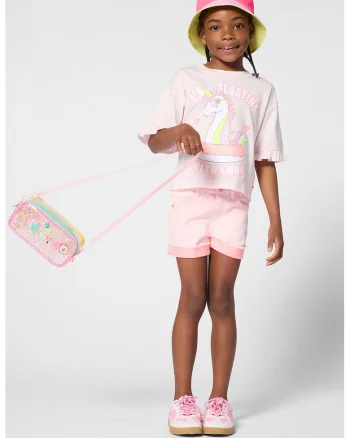 Tricou cu imprimeu cu unicorni si volan, Roz pastel