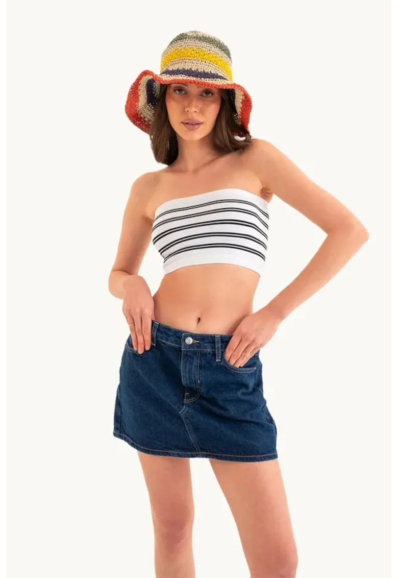 Top scurt,  cu dungi multicolore, fara bretele, alb, jerseu, set