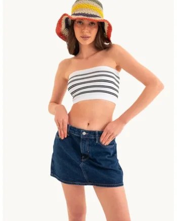 Top scurt,  cu dungi multicolore, fara bretele, alb, jerseu, set