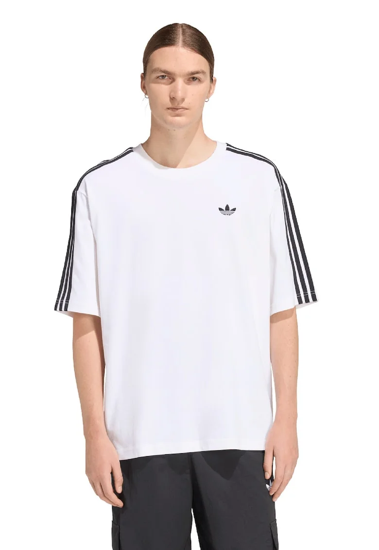 Tricou cu logo discret 3 Stripes, Alb/Negru stins