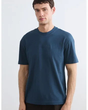Tricou cu decolteu la baza gatului si text in relief, Albastru petrol