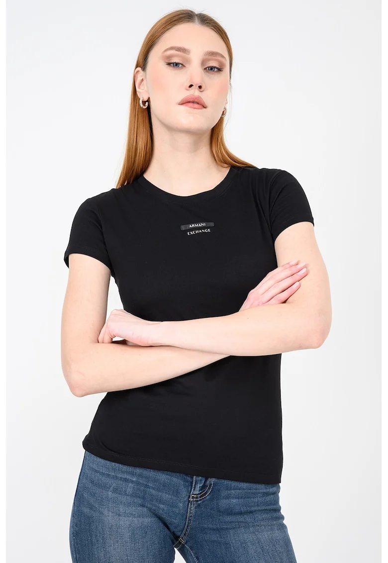 Tricou slim fit de bumbac cu logo discret, Negru