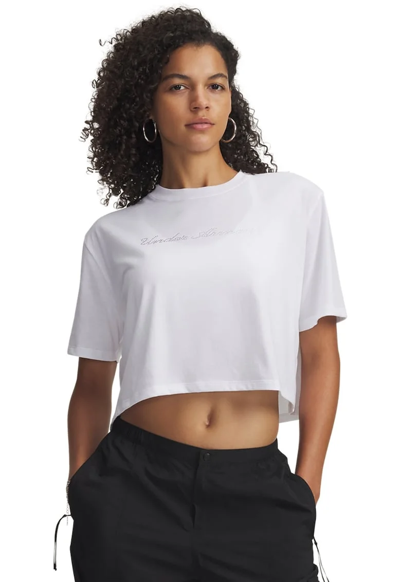 Tricou crop cu croiala lejera si logo decorat cu strasuri, Alb optic