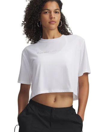 Tricou crop cu croiala lejera si logo decorat cu strasuri, Alb optic