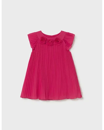 Rochie cu pliuri si detalii cu trandafiri, Roz zmeuriu