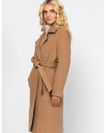 Palton cu cordon in talie si revere decupate, Maro camel