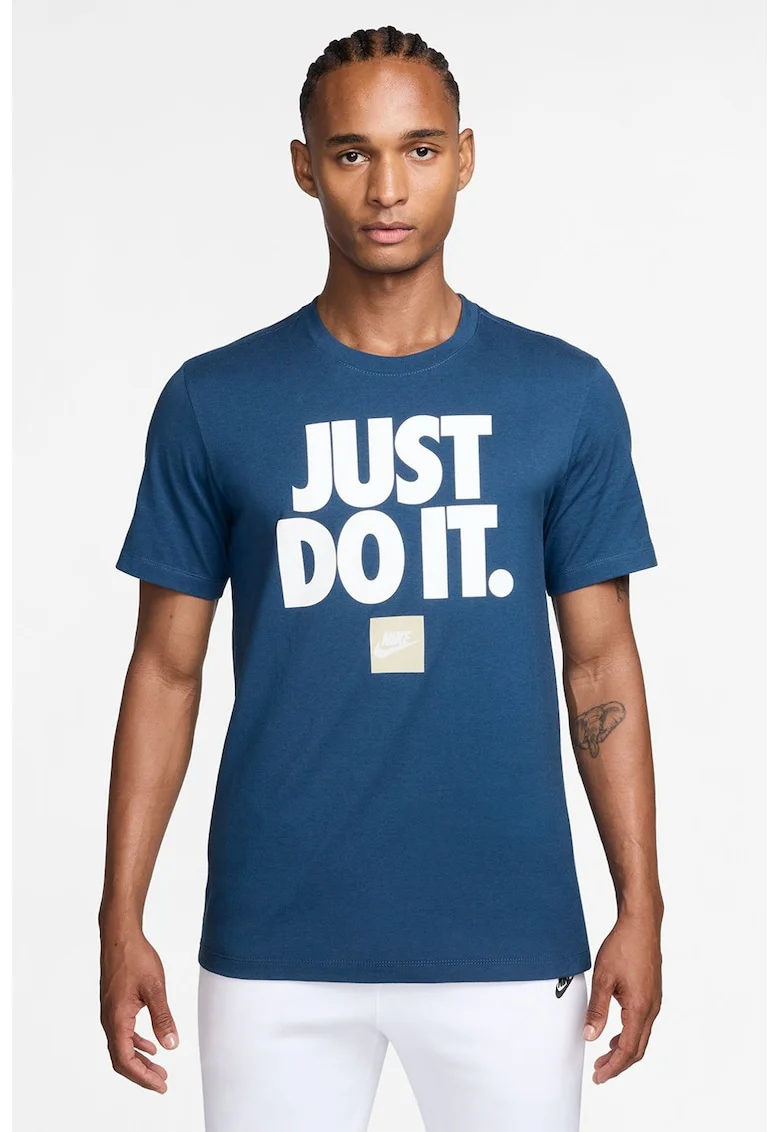 Tricou regular fit din bumbac cu imprimeu Sportswear, Alb/Albastru inchis