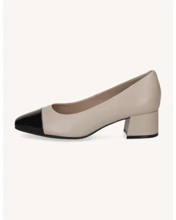 Pantofi de piele si piele ecologica cu toc masiv, Negru/Bej inchis
