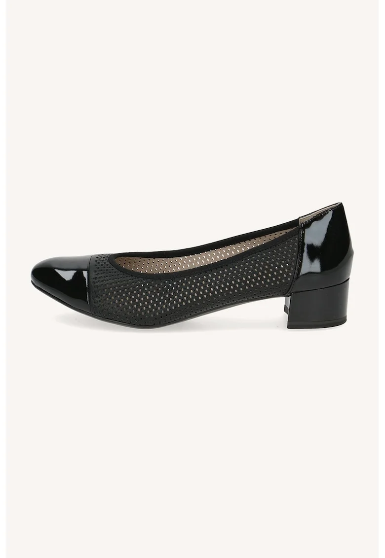 Pantofi din piele si piele ecologica cu toc masiv si design perforat, Negru