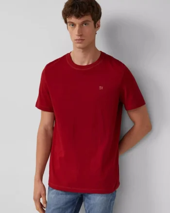Tricou din jerseu gros, barbati, cu guler rotund si logo, Rosu inchis