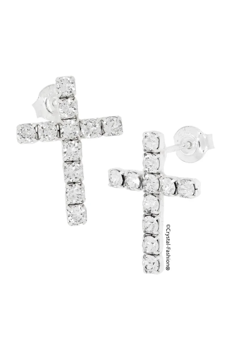 Cercei Small Mona Cross 1.9cm, cristale Swarovski®, Crystal Clear