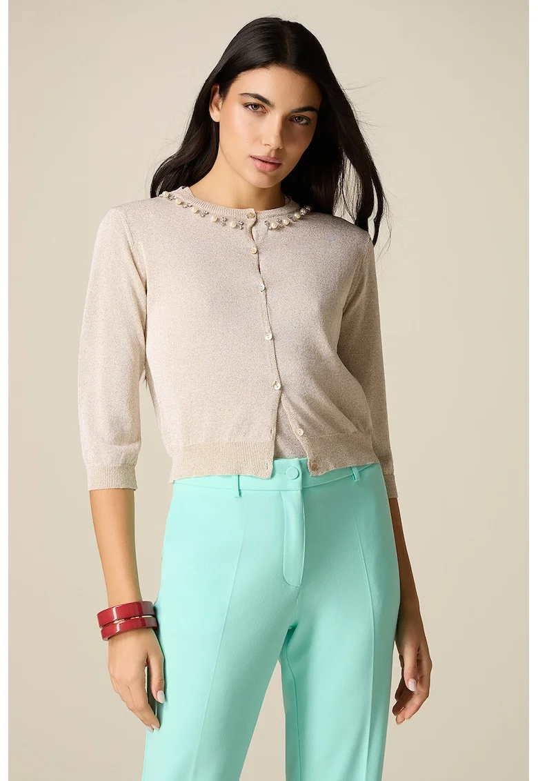 Cardigan tricotat cu aplicatie cu margele, Bej deschis