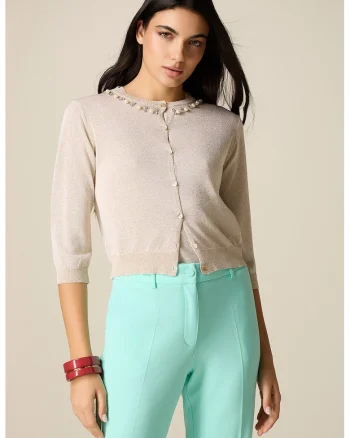 Cardigan tricotat cu aplicatie cu margele, Bej deschis