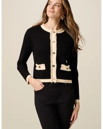 Cardigan cu aspect texturat si nasturi contrastanti, Negru/Crem
