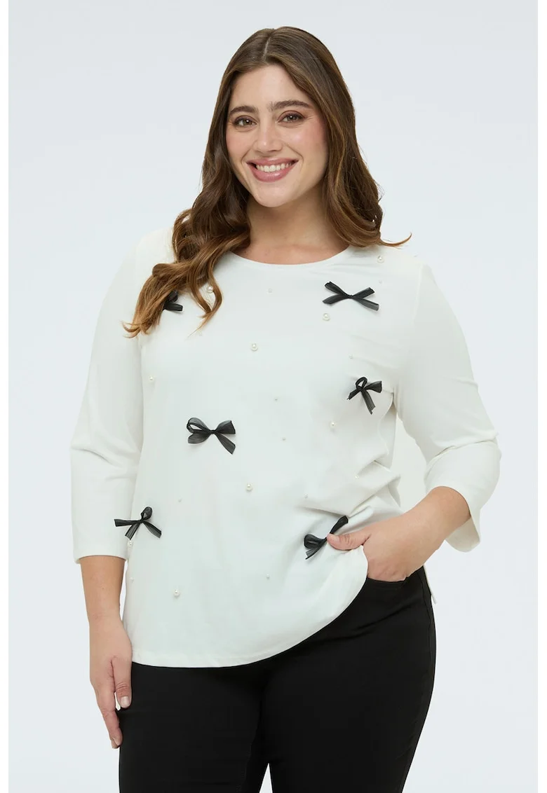 Bluza cu maneci 3/4, funde si aplicatii din margele, Alb
