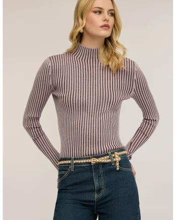 Bluza striata slim-fit cu guler mediu, Maro/Alb murdar
