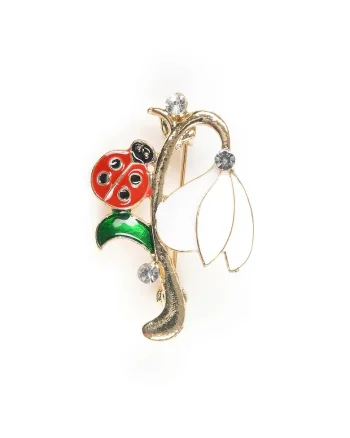 Brosa martisor ghiocel cu detalii aurii si buburuza
