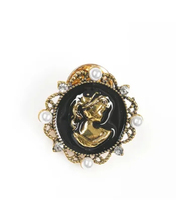 Brosa martisor camee neagra cu profil auriu si perle