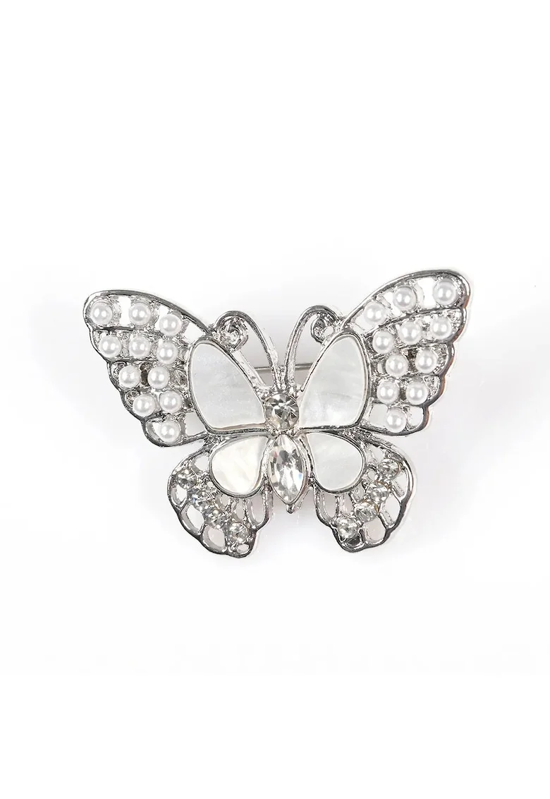 Brosa martisor fluture argintiu cu perle albe