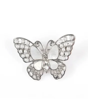 Brosa martisor fluture argintiu cu perle albe