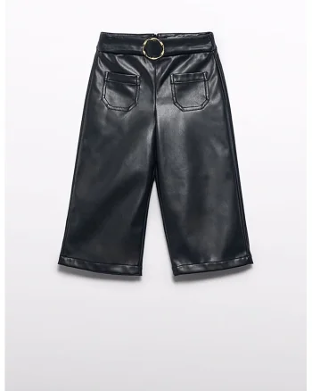 Pantaloni de piele ecologica cu croiala ampla, Negru