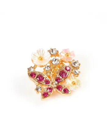 Brosa martisor fluture cu pietre roz si flori albe