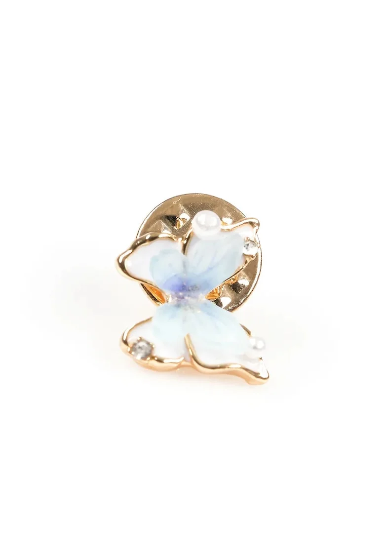 Brosa martisor fluture bleu cu perle si contur auriu