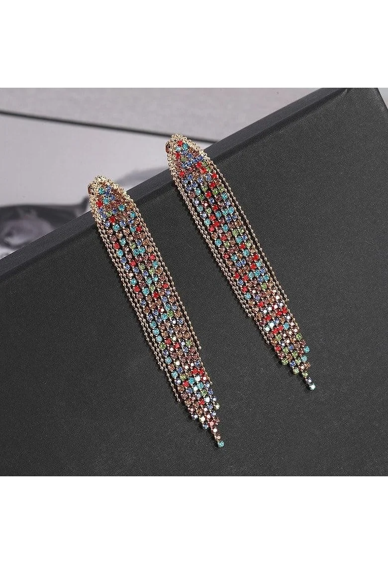 Cercei aurii, lungi, cu clips si pietre multicolore, Elan C2