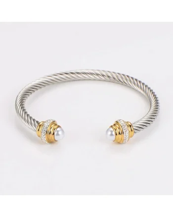Bratara argintie, din otel inoxidabil, suflata cu aur 18k, tip bangle, cu pietre si perle, Petsy C4