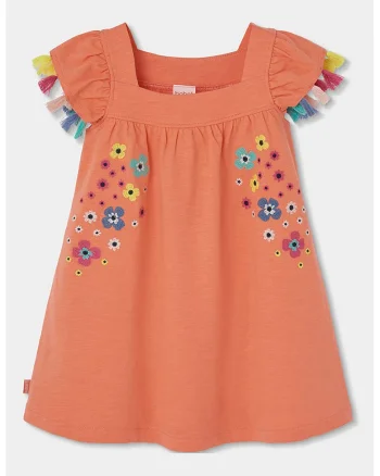 Rochie de bumbac cu broderie, Alb/Galben/Roz somon
