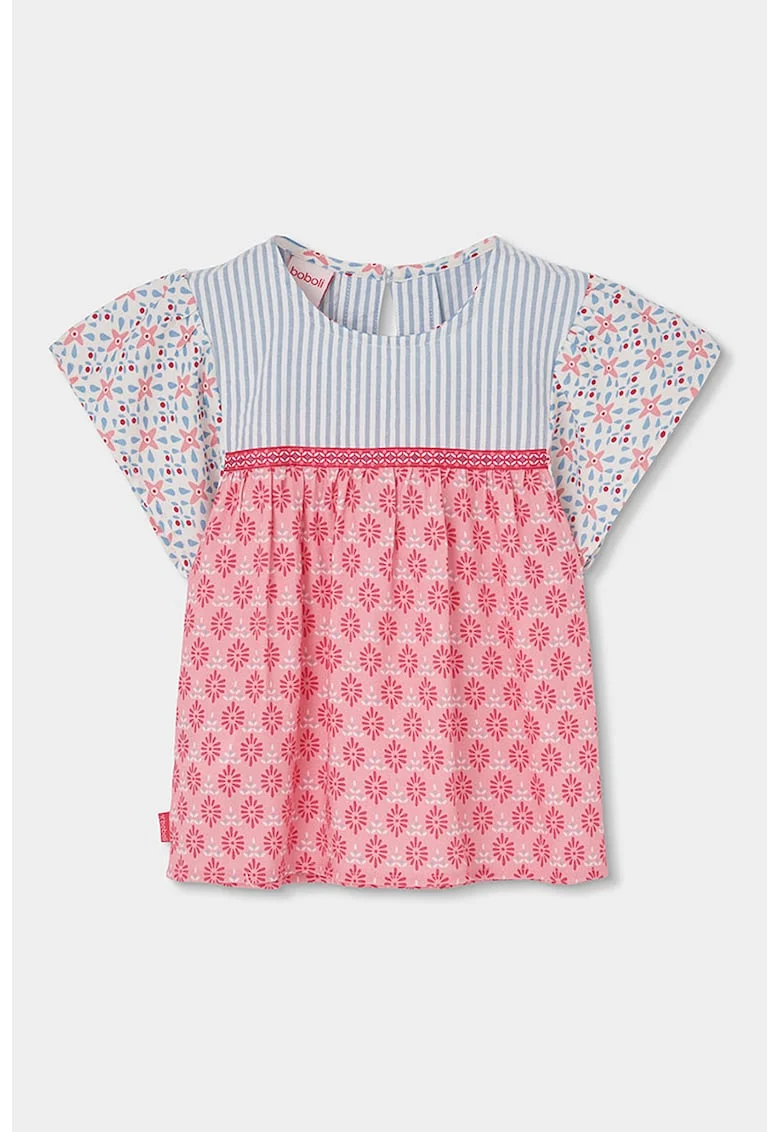 Bluza cu aplicatii si maneci fluture, Alb/Coral/Albastru prafuit